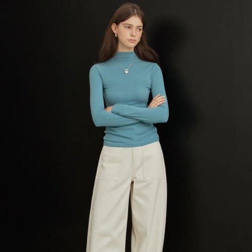 HUAAPPUW半高领长袖T恤蓝色修身