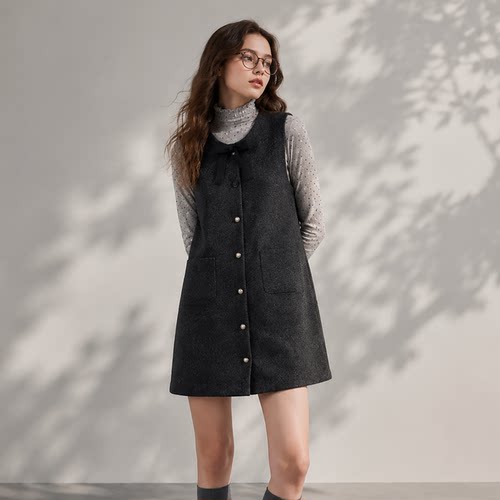 HUAAPPUW叠穿毛呢蝴蝶结背心裙女