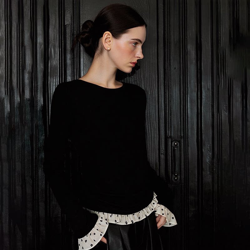 HUAAPPUW波点木耳边拼接正肩长袖T恤2025秋季新款黑色修身上衣女