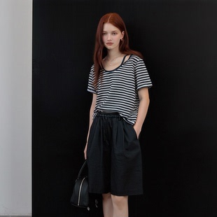 假两件上衣女 新款 HUAAPPUW雪花棉凉感条纹短袖 海军风t恤2025夏季