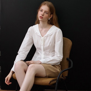 蕾丝拼接海军领长袖 白色开衫 衬衫 新款 上衣女 2025秋季 HUAAPPUW法式