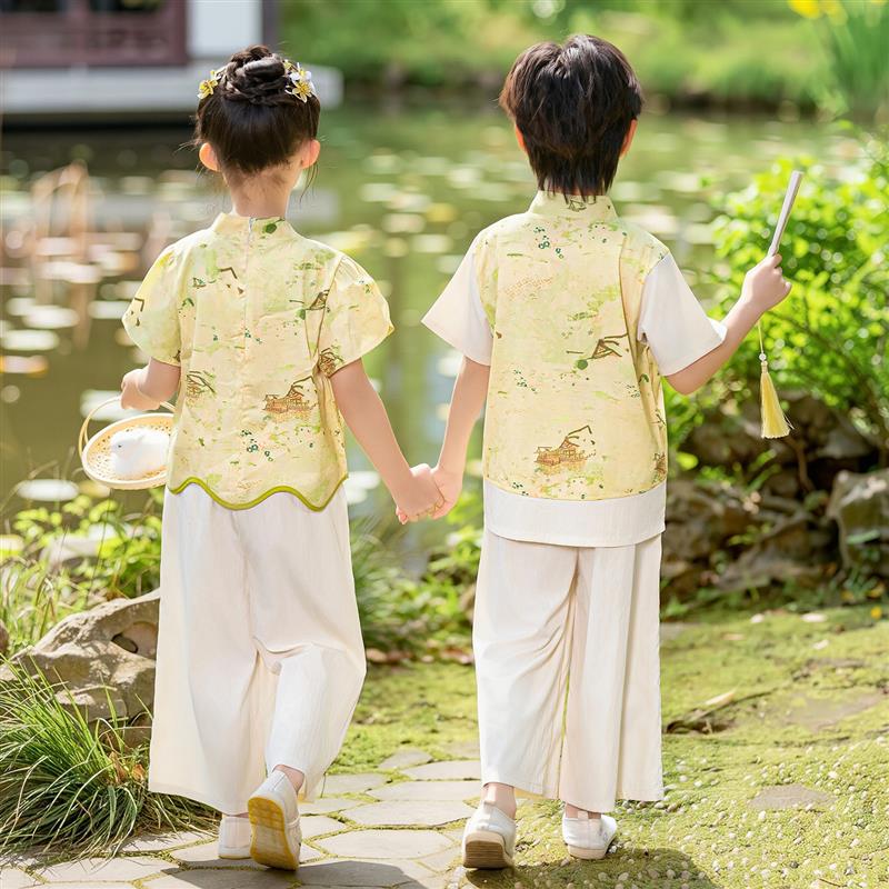 儿童新中式唐装六一表演服男女宝宝诗歌朗诵服古筝幼儿园国学汉服