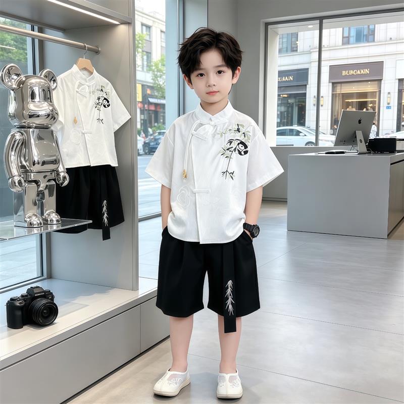 夏季国风套装儿童中式唐装男童改良汉服短袖古装宝宝民族风表演服