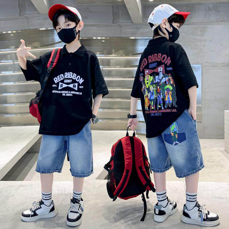 男童夏装套装2026新款帅气男大童短袖POLO衫T恤牛仔中裤洋派炸街