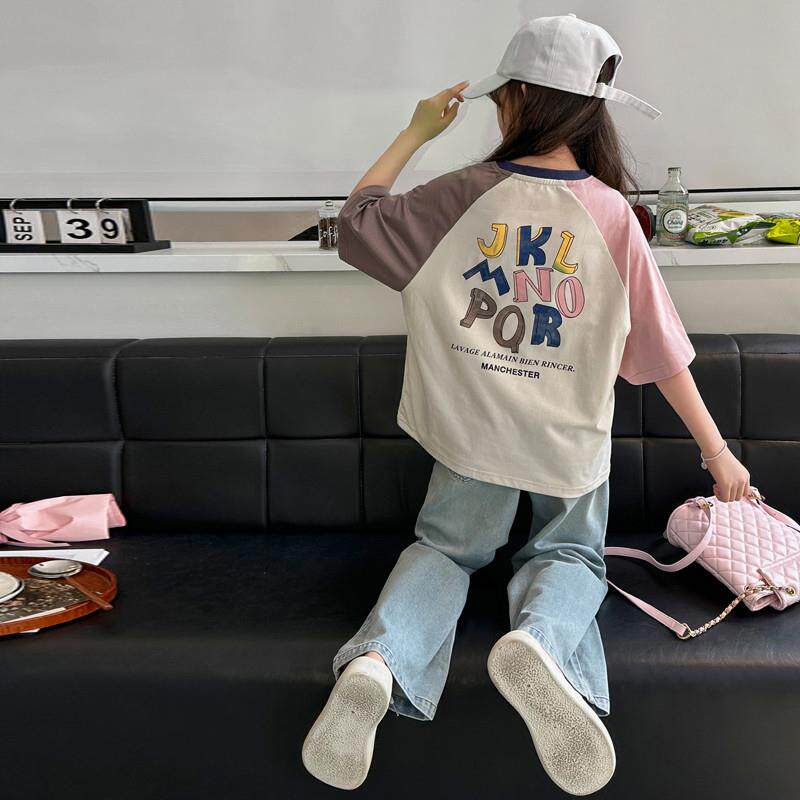 女童短袖套装夏装2026新款洋气大童夏季纯棉t恤儿童牛仔裤两件套