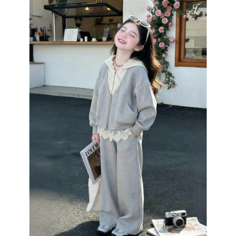 女童运动套装2026新款春装儿童拼接开衫厚棉T外套阔腿裤休闲两件