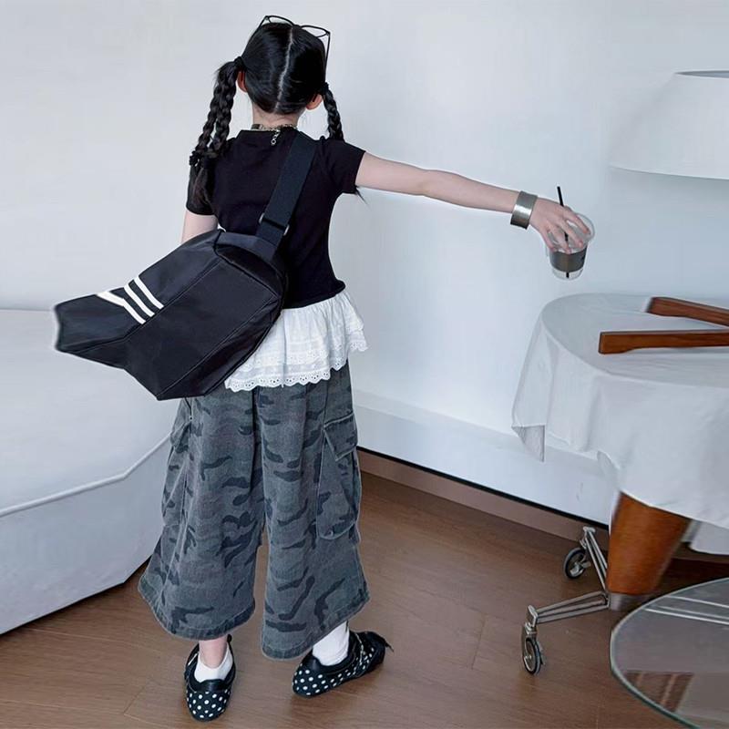 美式迷彩工装裤女童2026夏季中大童韩版蕾丝花边短袖上衣两件套装