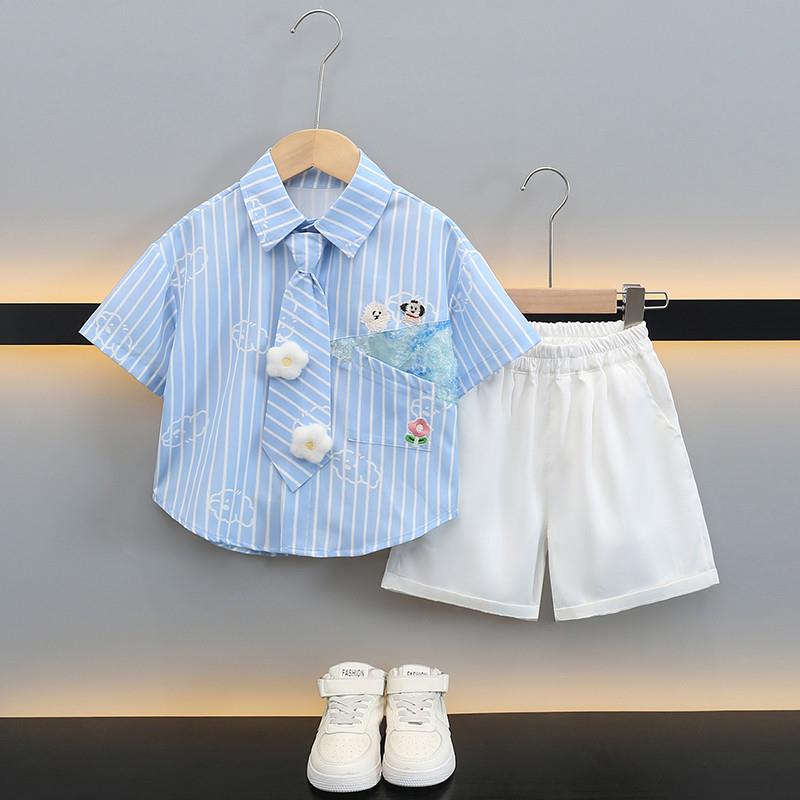 男童套装夏季宝宝童装学院风班服演出服新款儿童短袖衬衫三件套潮