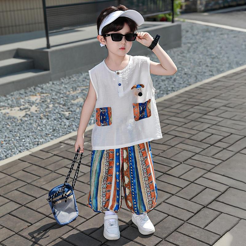 男童夏季无袖背心套装儿童卡通衣服2025新款男宝帅气时髦防蚊裤潮