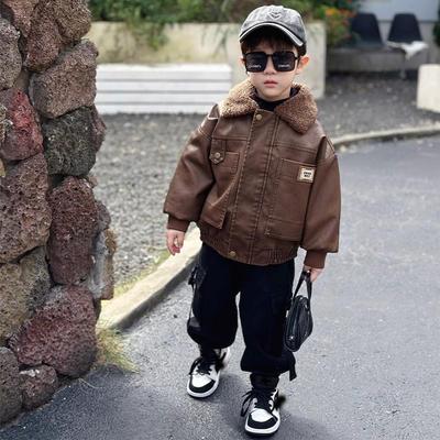 男童加绒皮衣2024新款儿童痞帅秋冬装小男孩宝宝加厚炸街夹克外套