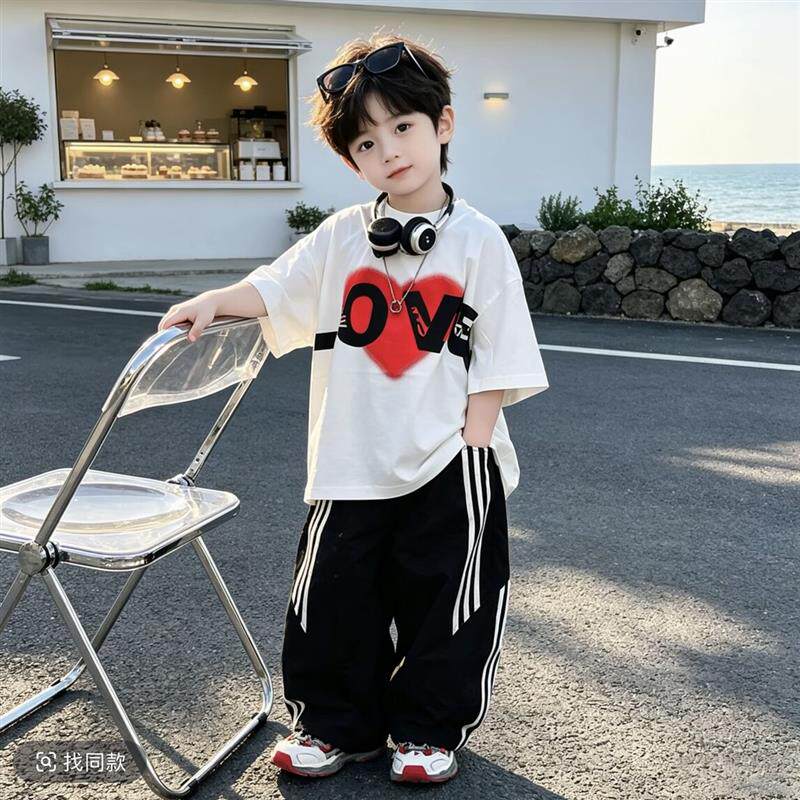 男童夏装套装2026新款儿童洋派痞帅短袖T恤男孩韩版运动裤两件套