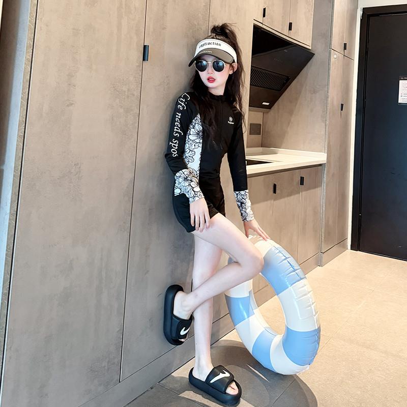 女童泳衣夏季2025新款儿童连体训练泳装女孩大童长袖带胸垫游泳衣