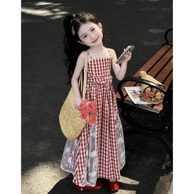 女童洋装夏季2026新款儿童超好看红白格子吊带裙小女孩长裙夏装