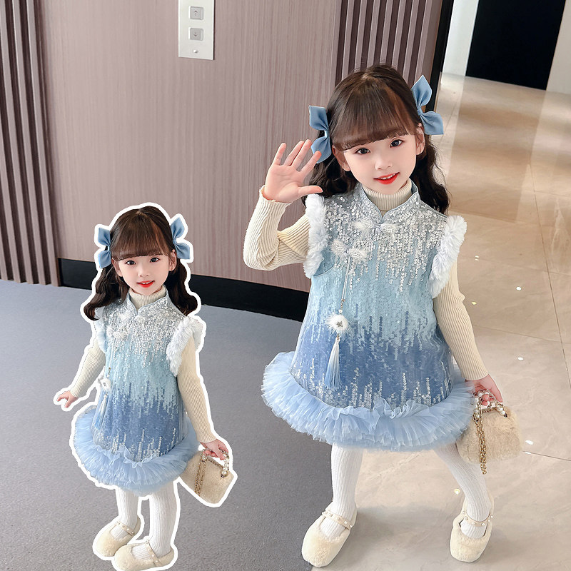 2025秋冬新款女小童时尚加绒爱莎公主亮片旗袍裙女宝宝加厚背心裙