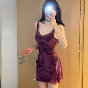 紫色性感睡衣女夏季新款植绒带胸垫高级感御姐纯欲吊带睡裙家居服