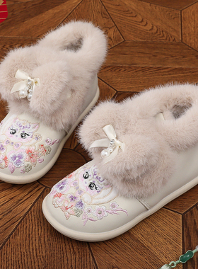 汉服鞋女童冬季皮面防水2025新款中式国风雪地靴拜年儿童绣花棉鞋