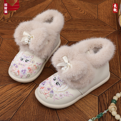 女童冬季加绒棉鞋皮面防水加绒