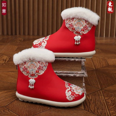 女童冬季皮面短靴宝宝新年汉服鞋