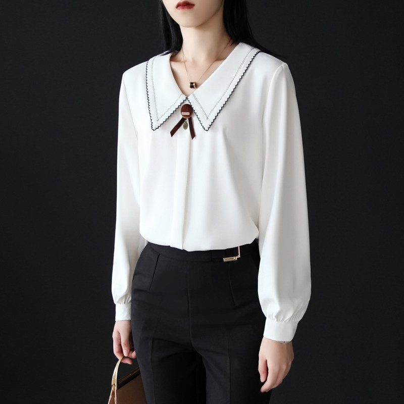 海军领白色衬衫女设计感小众外穿百搭领结套头雪纺衬衣长袖上衣