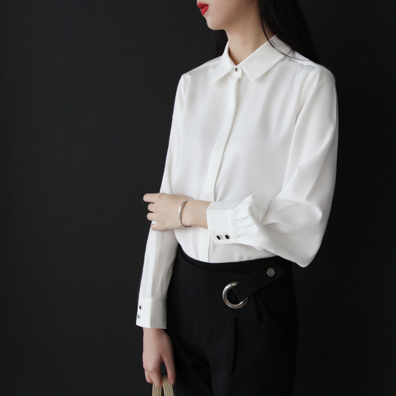 职业正装白色长袖衬衫女设计感小众气质翻领盐系衬衣法式通勤上衣