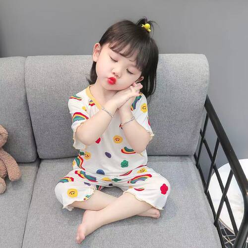 冰丝柔软儿童睡衣夏薄款女宝宝洋气韩版短袖家居服女童夏天空调服