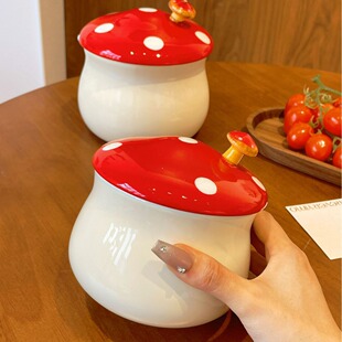 蘑菇猪油罐家用陶瓷罐食品级辣椒油罐猪油储存罐带勺厨房调料罐