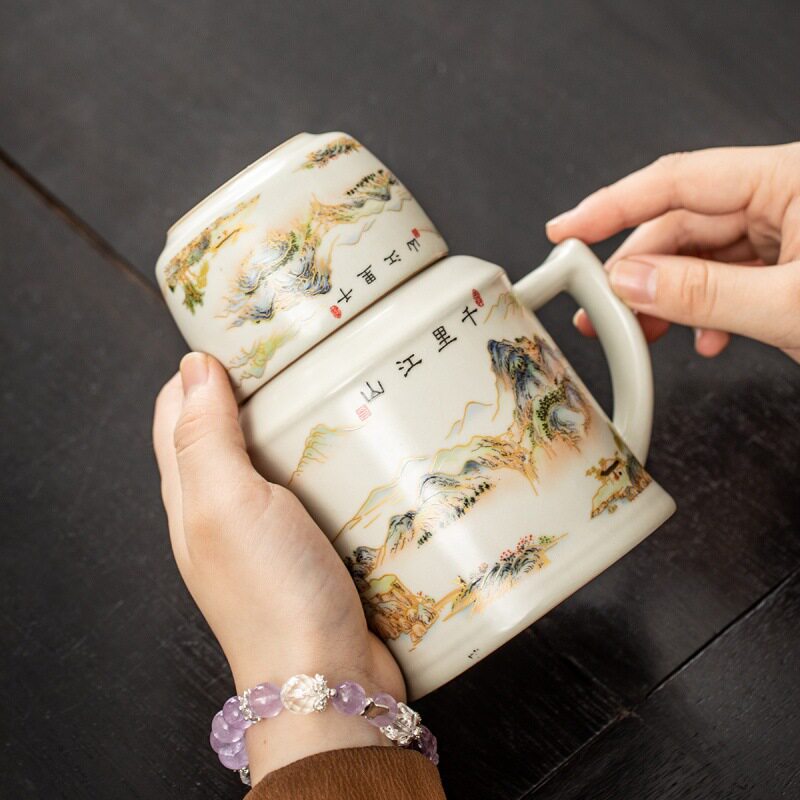 汝窑小暖壶马克杯带盖茶杯创意水杯办公室大容量焖泡茶杯喝水杯子