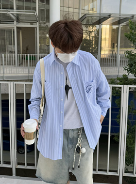 FIRST LINE2024秋冬新款领带休闲蓝色条纹衬衫学院复古宽松男女潮