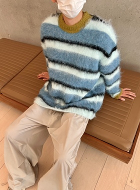 FIRST LINE2023秋冬新款套头撞色蓝色条纹羊驼毛衣宽松休闲情侣装