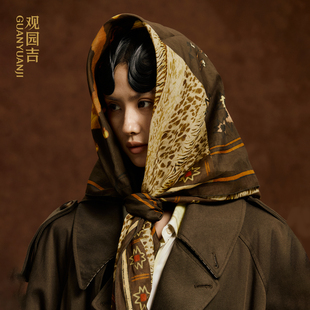 观园吉 后裔射日棉麻90cm方巾设计师老钱风方巾女春秋头巾外搭