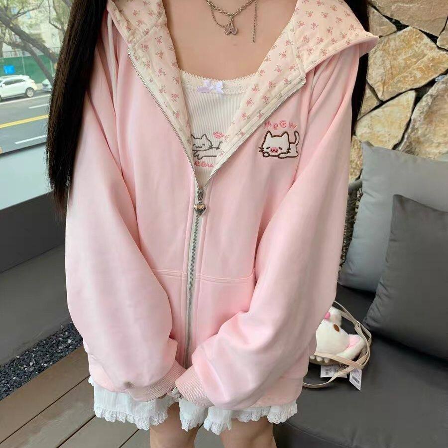 中大童小碎花日系猫咪刺