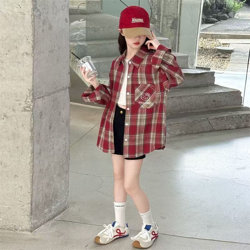 女童格子衬衫外套春秋装