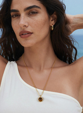 麻花链圆形虎眼石不锈钢吊坠项链