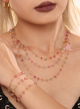 多巴胺水晶石钛钢链条锁骨项链手链ins风小众甜美风气质高端套装