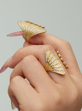 不锈钢镶锆石贝壳开口戒指可调节