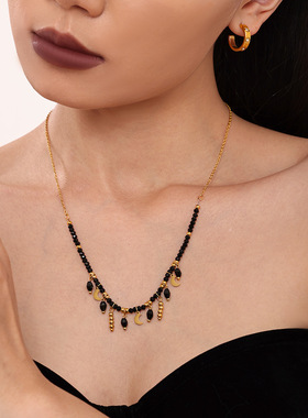 黑色水晶钛钢流苏月亮锁骨个性气质高端首饰项链神秘感暗黑系女王