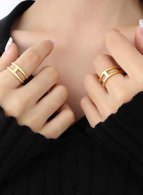 极简镀18K真金素圈戒指 欧美风小众设计时尚嘻哈尾戒指环 301饰品