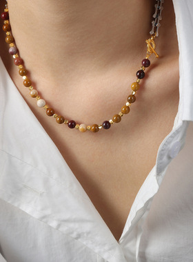 复古小众个性休闲几何百搭饰品蛋黄石串珠拼接设计OT扣钛钢项链