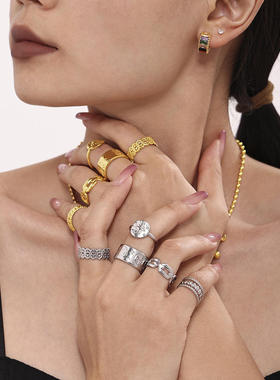 欧美ins风高端首饰几何元素开口戒指钛钢镀18k金日常小众配饰组合