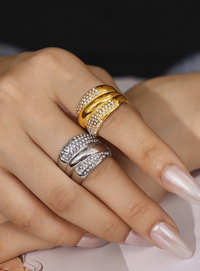 欧美镶钻多层排钻戒指嘻哈时尚