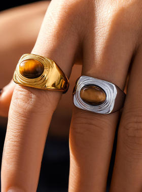 中古vintage纹理边椭圆虎眼石戒指钛钢镀金简约轻奢食指戒rings