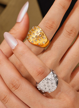 跨境热卖镶闪钻指环钛钢镀18K金