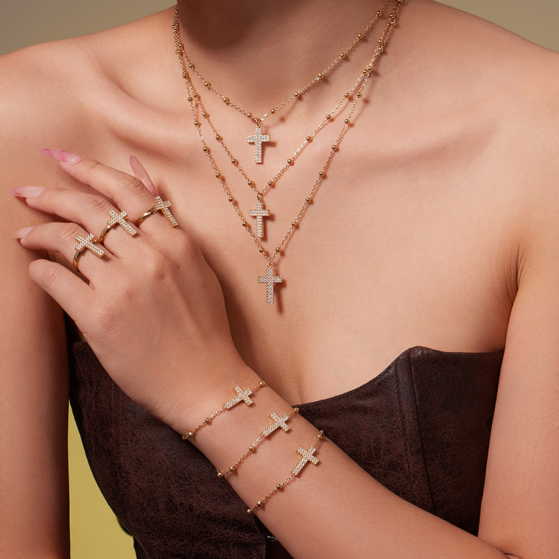 不锈钢镶锆石十字架满钻项链手链