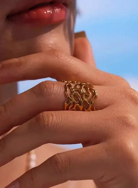 欧美个性夸张宽面不规则树枝状戒指女钛钢镀金高端个性配饰指环