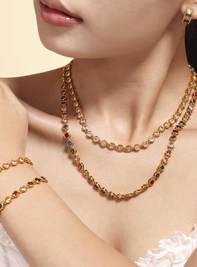 多巴胺多彩圆珠锆石项链手链钛钢镀18K金波西米亚超闪首饰套装