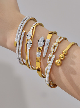 不锈钢蛇形镶嵌锆石满钻手镯多款