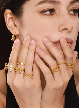 不规则开口指环ins小众设计钛钢PVD镀18K金戒指高端个性配饰组合