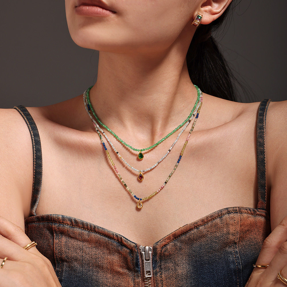 欧美多巴胺天然石串珠切面猫眼石水滴锁骨项链多彩甜美轻奢项饰女