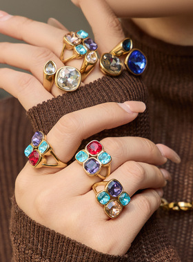 美拉德彩色玻璃石戒指ins轻奢风