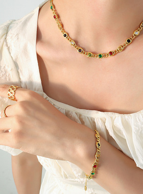 欧美时尚小众鱼眼设计多彩锆石拼接链子项链手链钛钢镀金首饰套装